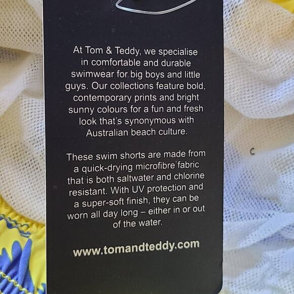 TOM & TEDDY Yellow & Blue Flying Parrots UPF 50+ Quick Dry Swim Shorts Medium - Picture 10 of 11